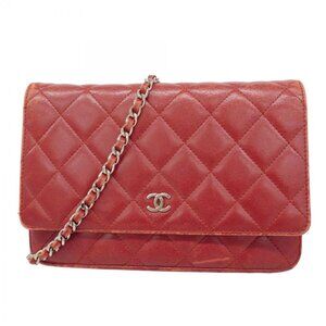 Chanel Shoulder Wallet Quilted Lambskin Red Silver
